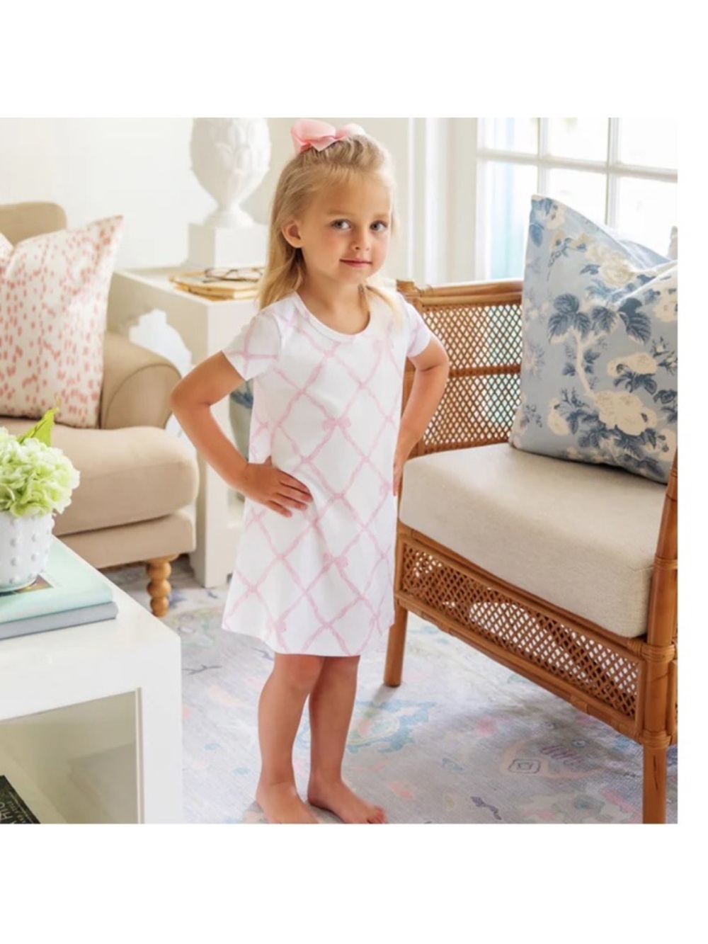 Girls' Pink Lattice Short-Sleeve Nightshirt